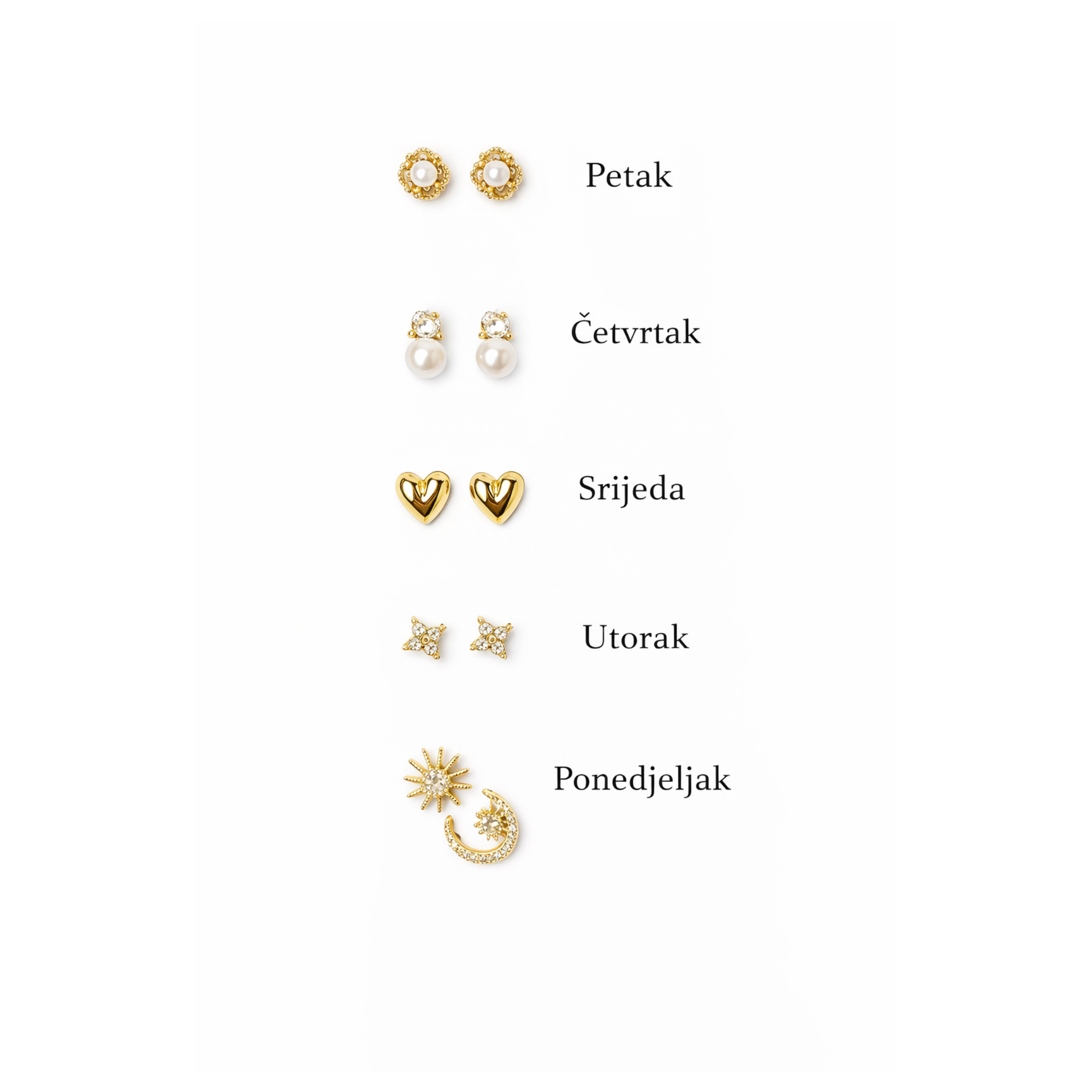 Set of gold earrings with different designs on a white background