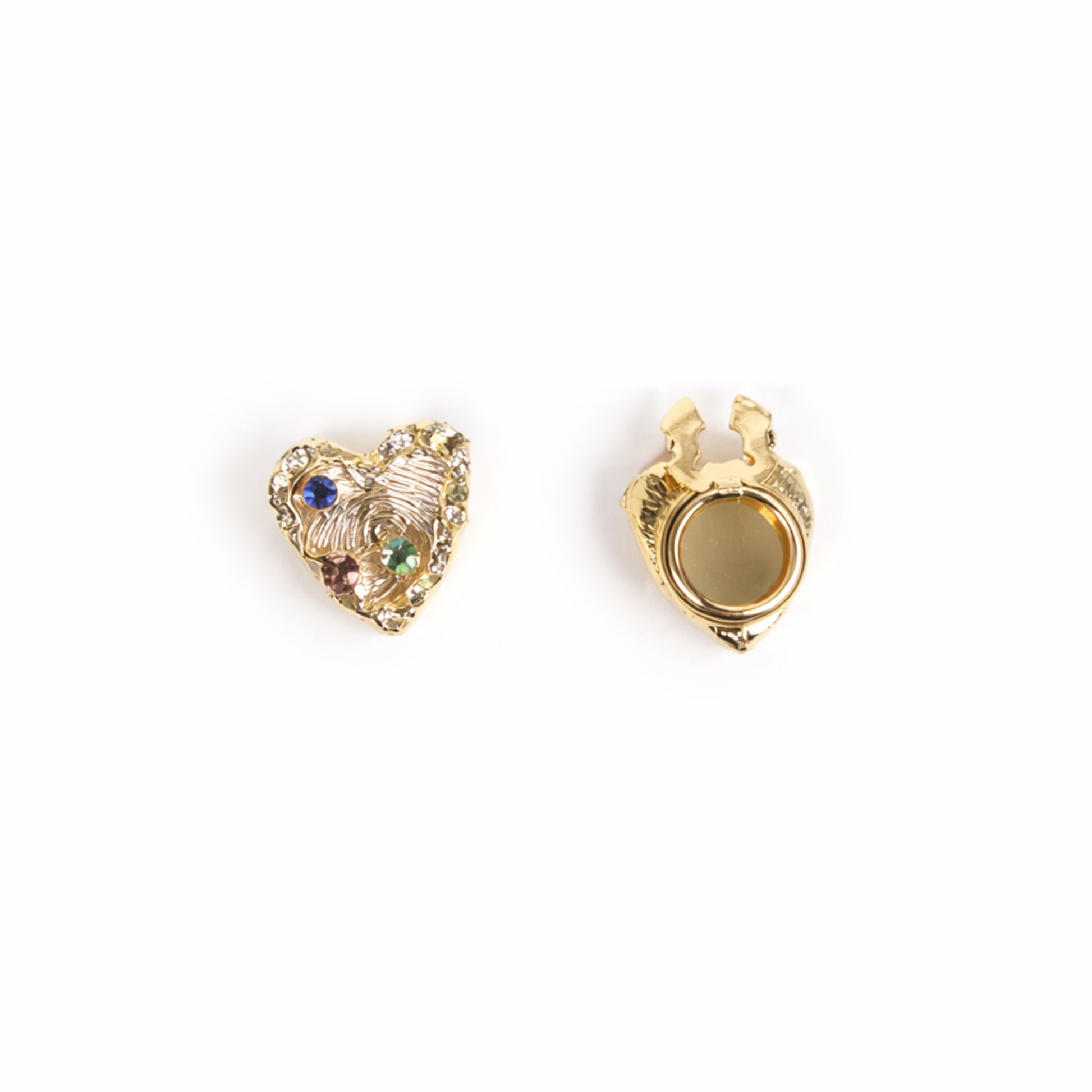 Two gold heart-shaped pendants on a white background