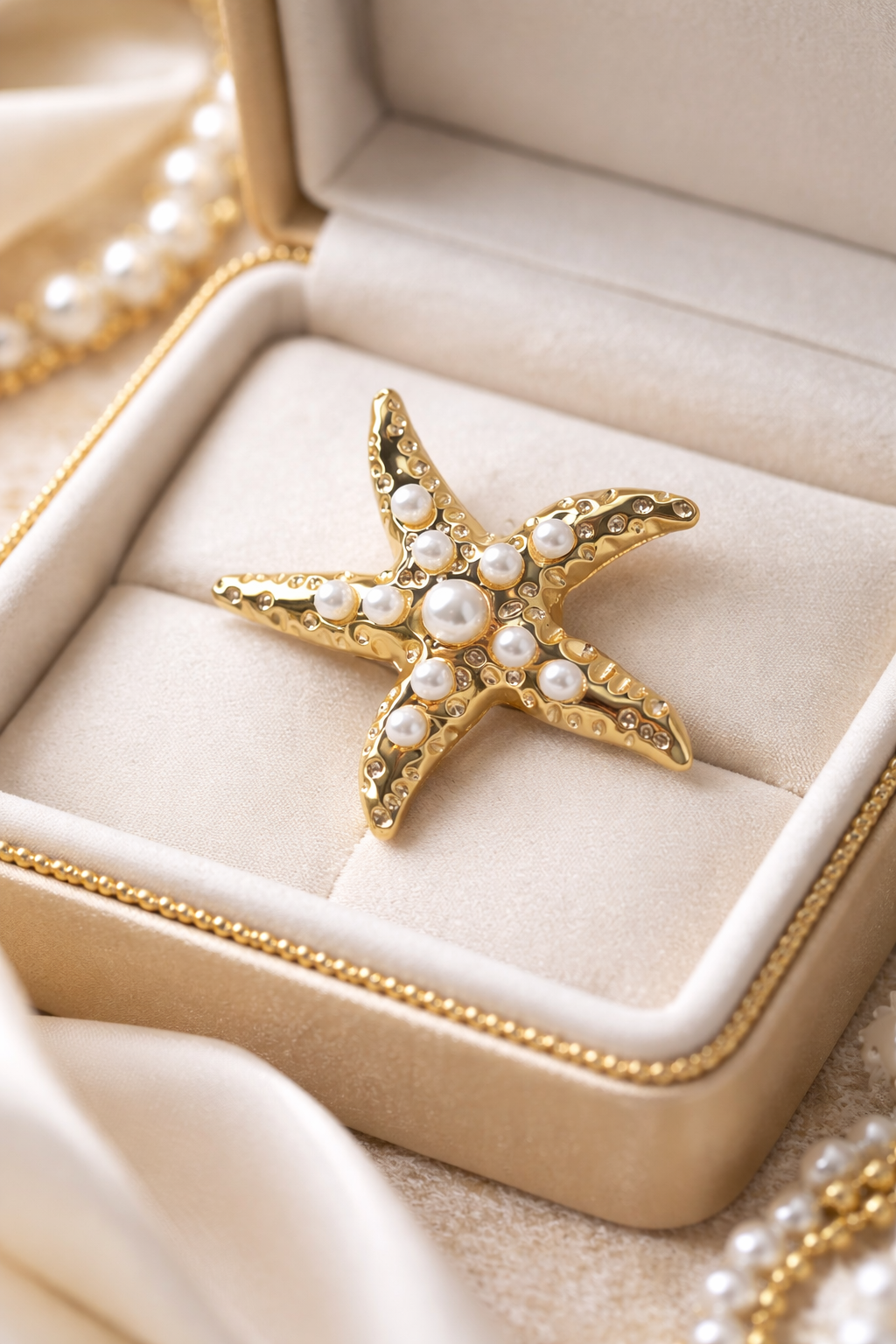 Gold starfish-shaped pendant with pearls on a beige jewelry box